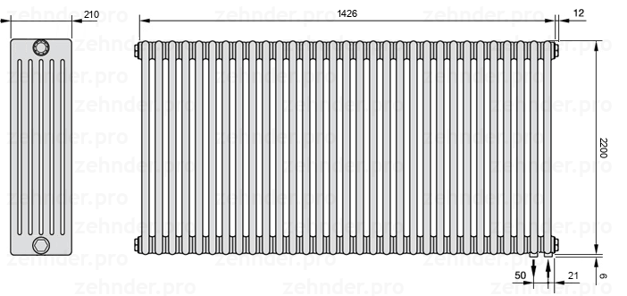 Схема (чертеж) Радиатор Zehnder Charleston 6220/31 №5510 Белый глянцевый RAL 9016